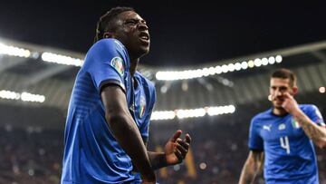 Italy&#039;s forward Moise Kean celebrates after scoring  during the Euro 2020 Group J qualifying football match between Italy and Finland on March 23, 2019 at the Friuli stadium in Udine. (Photo by Andreas SOLARO / AFP)