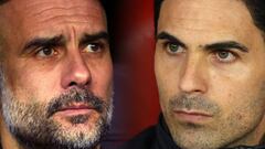 FILE PHOTO (EDITORS NOTE: COMPOSITE OF IMAGES - Image numbers 1208871408, 1207576912 - GRADIENT ADDED) In this composite image a comparison has been made between Pep Guardiola, Manager of Manchester City (L) and Mikel Arteta, Manager of Arsenal. Mancheste