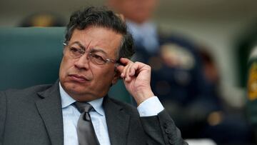 FILE PHOTO: Colombian President Gustavo Petro reacts during the troop recognition ceremony for the newly appointed Minister of Defense, Pedro Sanchez, at the Jose Maria Cordova Military Cadet School in Bogota, Colombia, March 11, 2025. REUTERS/Luisa Gonzalez/File Photo