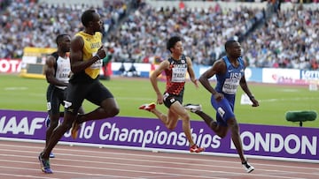 Athletics - World Athletics Championships &ndash; men&rsquo;s 100 metres semi-final &ndash; London Stadium, London, Britain &ndash; August 5, 2017 &ndash; Usain Bolt of Jamaica, , Abdul Hakim Sani Brown of Japan, Shuhei Tada of Japan and Christian Colleman of the U.S. compete. REUTERS/Matthew Childs