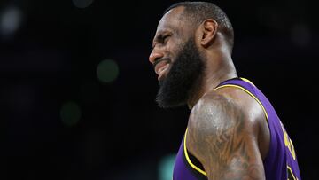 LOS ANGELES, CALIFORNIA - FEBRUARY 23: LeBron James #23 of the Los Angeles Lakers reacts to a foul during the second half of a game against the San Antonio Spurs at Crypto.com Arena on February 23, 2024 in Los Angeles, California.   Sean M. Haffey/Getty Images/AFP (Photo by Sean M. Haffey / GETTY IMAGES NORTH AMERICA / Getty Images via AFP)