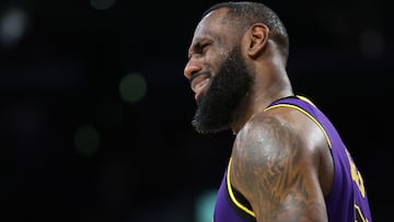 LOS ANGELES, CALIFORNIA - FEBRUARY 23: LeBron James #23 of the Los Angeles Lakers reacts to a foul during the second half of a game against the San Antonio Spurs at Crypto.com Arena on February 23, 2024 in Los Angeles, California. Sean M. Haffey/Getty Images/AFP (Photo by Sean M. Haffey / GETTY IMAGES NORTH AMERICA / Getty Images via AFP)