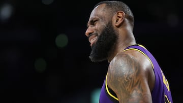 LOS ANGELES, CALIFORNIA - FEBRUARY 23: LeBron James #23 of the Los Angeles Lakers reacts to a foul during the second half of a game against the San Antonio Spurs at Crypto.com Arena on February 23, 2024 in Los Angeles, California.   Sean M. Haffey/Getty Images/AFP (Photo by Sean M. Haffey / GETTY IMAGES NORTH AMERICA / Getty Images via AFP)