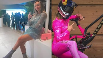 Tahnée Seagrave, la piloto de MTB, vestida de gala a la izquierda con un vestido gris y tacones, con una copa en la mano; y a la derecha equipada para ir en bici de color rosa y casco Red Bull, con su bici Canyon.