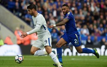 Leicester City's Danny Simpson in action with Chelsea's Alvaro Morata