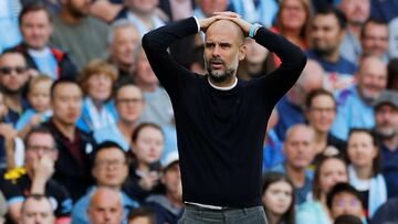Soccer Football - Premier League - Manchester City v Tottenham Hotspur - Etihad Stadium, Manchester, Britain - August 17, 2019  Manchester City manager Pep Guardiola reacts  REUTERS/Phil Noble  EDITORIAL USE ONLY. No use with unauthorized audio, video, da