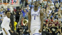 COLUMBIA, SOUTH CAROLINA - MARCH 24: Zion Williamson #1 of the Duke Blue Devils celebrates with his teammates after defeating the UCF Knights in the second round game of the 2019 NCAA Men&#039;s Basketball Tournament at Colonial Life Arena on March 24, 2019 in Columbia, South Carolina.   Kevin C. Cox/Getty Images/AFP
 == FOR NEWSPAPERS, INTERNET, TELCOS &amp; TELEVISION USE ONLY ==