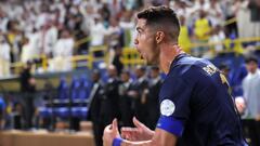 Nassr's Portuguese forward #07 Cristiano Ronaldo celebrates his goal during the Saudi Pro League football match between Al-Nassr and Al-Shabab in Riyadh's Al-Awal Park Stadium on August 29, 2023. (Photo by Fayez Nureldine / AFP)