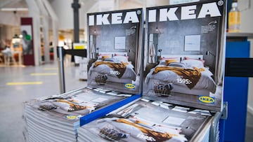 Catalogues are placed for people to take at the entrance to one of the stores of the Swedish furniture giant Ikea on December 7, 2020 in Jarfalla, near Stockholm. - Swedish furniture giant Ikea said Monday, December 7, 2020 it would stop printing its fame