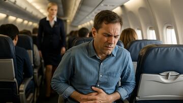Man with sore stomach on plane - artist's impression