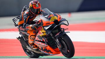 Red Bull KTM Factory Racing's Spanish rider Pol Espargaro races during the first practice session of the Austrian MotoGP weekend at the Red Bull Ring racetrack in Spielberg, Austria on August 16, 2024. (Photo by Jure Makovec / AFP)