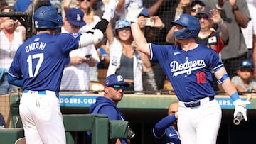 GLENDALE, ARIZONA - FEBRUARY 27: Shohei Ohtani #17 of the Los Angeles Dodgers celebrates with Will Smith #16 after hitting a two-run home run in the fifth inning inning during a game against the Chicago White Sox at Camelback Ranch on February 27, 2024 in Glendale, Arizona.   Christian Petersen/Getty Images/AFP (Photo by Christian Petersen / GETTY IMAGES NORTH AMERICA / Getty Images via AFP)