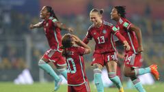 GOA, INDIA - OCTOBER 26: Player fo Colombia celebrate after winning the FIFA U-17 Women's World Cup 2022 Semi Final match between Nigeria and Colombia at Pandit Jawaharlal Nehru Stadium on October 26, 2022 in Goa, India. (Photo by Joern Pollex - FIFA/FIFA via Getty Images)