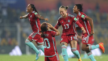 GOA, INDIA - OCTOBER 26: Player fo Colombia celebrate after winning the FIFA U-17 Women's World Cup 2022 Semi Final match between Nigeria and Colombia at Pandit Jawaharlal Nehru Stadium on October 26, 2022 in Goa, India. (Photo by Joern Pollex - FIFA/FIFA via Getty Images)