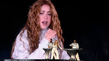 TOPSHOT - Colombian singer Shakira performs during her "Las Mujeres Ya No Lloran World Tour" at GNP Stadium in Mexico City on August 26, 2025. (Photo by Alfredo ESTRELLA / AFP) (Photo by ALFREDO ESTRELLA/AFP via Getty Images)