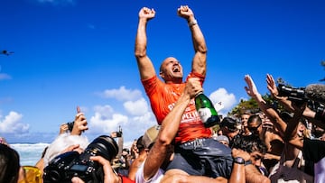HALEIWA, HAWAII - FEBRUARY 5: Eleven-time WSL Champion Kelly Slater of the United States after winning the Final at the Billabong Pro Pipeline on February 5, 2022 in Haleiwa, Hawaii. (Photo by Brady Lawrence/World Surf League)