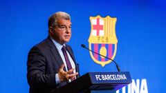 BARCELONA, SPAIN - APRIL 17: Joan Laporta, President of FC Barcelona, attends a press conference about Negreira Case at Spotify Camp Nou stadium on april 17, 2023, in Barcelona, Spain. (Photo by Marc Graupera Alomá / AFP7 via Getty Images)