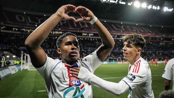 Lyons Brazilian forward #09 Endrick celebrates celebrates scoring his team's first goal during the French Cup round of 16 football match between Olympique Lyonnais and Laval Stade Mayenne FC at Groupama Stadium in Lyon on February 4, 2026. (Photo by OLIVIER CHASSIGNOLE / AFP)