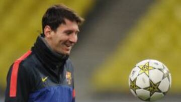 Messi en un entrenamiento del Barcelona antes de un partido de Champions.