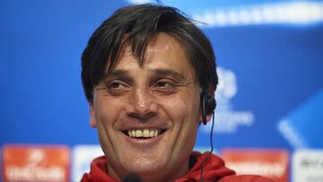 SEVILLE, SPAIN - FEBRUARY 20: Head Coach of Sevilla FC Vincenzo Montella attends a press conference prior to the UEFA Champions League match against Manchester United at Ramon Cisneros training ground on February 20, 2018 in Seville, Spain. (Photo by Ai