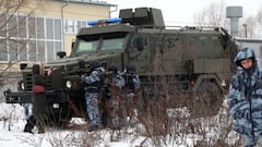 MOSCOW, RUSSIA - JANUARY 30:  (RUSSIA OUT) Officers with the OMON combat unit are photographed during training at the base January 30, 2023 in Podolsk, outside of Moscow, Russia. Special police units of Russian National Guard Service have been actively participating in the special operation of Russian troops in Ukraine since February 2022. (Photo by Contributor/Getty Images)