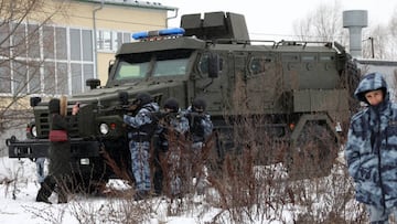 MOSCOW, RUSSIA - JANUARY 30:  (RUSSIA OUT) Officers with the OMON combat unit are photographed during training at the base January 30, 2023 in Podolsk, outside of Moscow, Russia. Special police units of Russian National Guard Service have been actively participating in the special operation of Russian troops in Ukraine since February 2022. (Photo by Contributor/Getty Images)