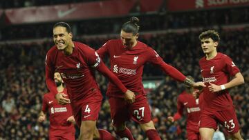 LIVERPOOL, ENGLAND - MARCH 01: (THE SUN OUT,THE SUN ON SUNDAY OUT) Virgil van Dijk of Liverpool celebrates after scoring the first goal during the Premier League match between Liverpool FC and Wolverhampton Wanderers at Anfield on March 01, 2023 in Liverpool, England. (Photo by John Powell/Liverpool FC via Getty Images)