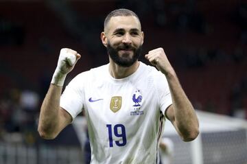 Karim Benzema of France celebrates the victory following the UEFA Nations League Final football match between Spain and France on October 10, 2021 at Stadio San Siro stadium in Milan, Italy -