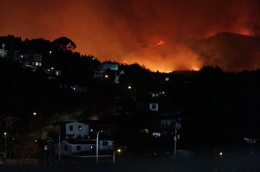 Fuego y humo se elevan desde un incendio forestal en la región del Biobío.
