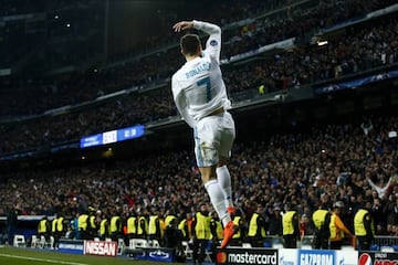 Cristiano Ronaldo celebrates after scoring his and Real Madrid's second goal against Paris Saint-Germain on Wednesday night.