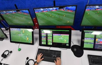 (FILES) This file photo taken on June 9, 2018 shows a video assistant refereeing (VAR) operation room at the 2018 FIFA World Cup Russia International Broadcast Centre (IBC) in Moscow