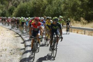 El ciclista español del equipo Movistar, Alejandro Valverde, lider de la general, conversa con su compañero de equipo, el colombiano, Nairo Quintana la séptima etapa de la Vuelta Ciclista a España 2014.