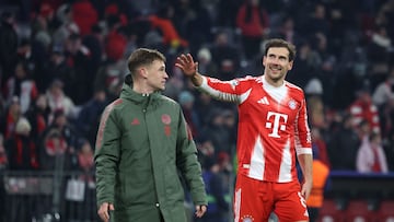 Bayern Munich's German midfielder #08 Leon Goretzka (R) and Bayern Munich's German midfielder #06 Joshua Kimmich celebrate after winning the UEFA Champions League football match between FC Bayern Munich (GER) and Royale Union St-Gilloise (BEL) in Munich, southern Germany, on January 21, 2026. (Photo by Karl-Josef HILDENBRAND / AFP)