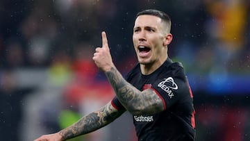 Soccer Football - UEFA Champions League - Bayer Leverkusen v Villarreal - BayArena, Leverkusen, Germany - January 28, 2026 Bayer Leverkusen's Alex Grimaldo celebrates scoring their third goal REUTERS/Thilo Schmuelgen