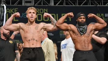 CLEVELAND, OHIO - AUGUST 28: Jake Paul and Tyron Woodley pose during the weigh in event at the State Theater prior to their August 29 fight on August 28, 2021 in Cleveland, Ohio.   Jason Miller/Getty Images/AFP
 == FOR NEWSPAPERS, INTERNET, TELCOS &amp; T