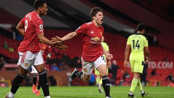 Manchester United's Welsh midfielder Daniel James (C) celebrates scoring his team's second goal during the English Premier League football match between Manchester United and Newcastle at Old Trafford in Manchester, north west England, on Februa