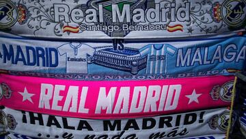 MADRID, SPAIN - APRIL 18:  The match scarf is displayed at a merchandising stall before the La Liga match between Real Madrid CF and Malaga CF at Estadio Santiago Bernabeuon April 18, 2015 in Madrid, Spain.  (Photo by Gonzalo Arroyo Moreno/Getty Images)