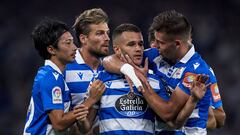 A CORUNA, SPAIN - SEPTEMBER 18: Ager Aketxe of Deportivo de La Coruna celebrates with his team mates  after scoring his team&#039;s second goal during the La Liga Smartbank match between Deportivo de La Coruna and CD Numancia at Abanca Riazor Stadium on S