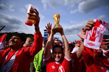 MOSCOW, RUSSIA - JUNE 14: Fan of Peru pose during the 2018 FIFA World Cup Russia group A match between Russia and Saudi Arabia at FIFA Fans Fest Moscow on June 14, 2018 in Moscow, Russia. (Photo by Hector Vivas/Getty Images)