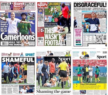 Las portadas de la prensa inglesa sobre el partido entre Inglaterra y Camerún.