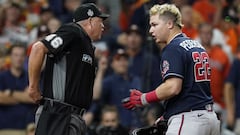 Oct 27, 2021; Houston, TX, USA; Atlanta Braves right fielder Joc Pederson (22) reacts with umpire Ron Kulpa (46) after striking out looking against the Houston Astros during the eighth inning in game two of the 2021 World Series at Minute Maid Park. Manda