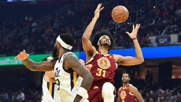 Dec 5, 2021; Cleveland, Ohio, USA; Cleveland Cavaliers center Jarrett Allen (31) grabs a rebound during the first quarter against the Utah Jazz at Rocket Mortgage FieldHouse. Mandatory Credit: Ken Blaze-USA TODAY Sports