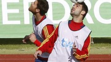 Xabi Alonso y Adrián, durante un entrenamiento de la Selección.