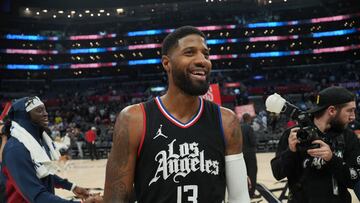 Dec 6, 2023; Los Angeles, California, USA; LA Clippers forward Paul George (13) reacts after the game against the Denver Nuggets at Crypto.com Arena. Mandatory Credit: Kirby Lee-USA TODAY Sports