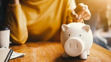woman hand putting money coin into piggy for saving money wealth and financial concept.