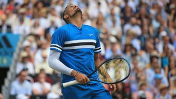 LONDON, ENGLAND - JUNE 23: Nick Kyrgios of Australia reacts during his singles semi-final match against Marin Cilic of Croatia during day six of the Fever-Tree Championships at Queens Club on June 23, 2018 in London, United Kingdom. (Photo by Marc Atkins/Getty Images)