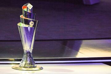 The UEFA Nations League trophy on display in Lausanne.