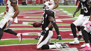 GLENDALE, AZ - OCTOBER 15: Adrian Peterson #23 of the Arizona Cardinals celebrates a 27 yard rushing touchdown against the Tampa Bay Buccaneers during the first quarter at University of Phoenix Stadium on October 15, 2017 in Glendale, Arizona.   Norm Hall/Getty Images/AFP
 == FOR NEWSPAPERS, INTERNET, TELCOS &amp; TELEVISION USE ONLY ==