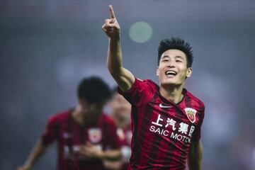 Wu Lei celebrates his goal against Beijing Renhe which handed SIPG the Chinese Super League title.