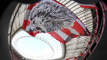 GRA349. BILBAO, 18/09/2016.- Una aficionada del Athletic de Bilbao con la bandera y la mascota del león con la nueva cubierta del campo, en partido correspondiente a la cuarta jornada de liga Santander disputado en San Mamés.. EFE/LUIS TEJIDO